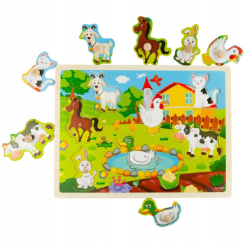 KLOCKI EDUKACYJNE PUZZLE DREWNIANE FARMA KROWA KOT ZOO UKŁADANKA DLA DZIECI