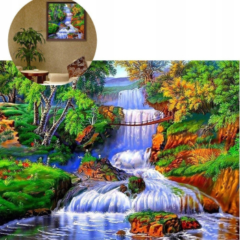 DIAMENTOWA MOZAIKA 30x40 CM MOST NAD WODOSPADEM W LESIE HAFT DIAMENTOWY