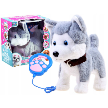 CHODZĄCY PIESEK PIES HUSKY NA SMYCZY Z PILOTEM PREZENT DLA DZIECI ZABAWKA