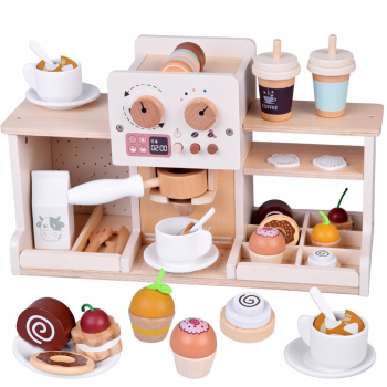 Zestaw Drewniany Kawiarnia Coffee Shop Ekspres Kubeczki Desery ZA5938