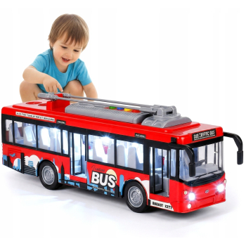 Duży Trolejbus Miejski Autobus Zabawka Dźwięk Światło Otwierane Drzwi 29cm
